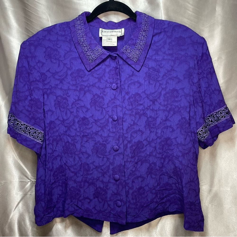 Embroidered Relaxed Boxy Fit Purple 90’s Button Up Blouse Boho Eclectic Top
